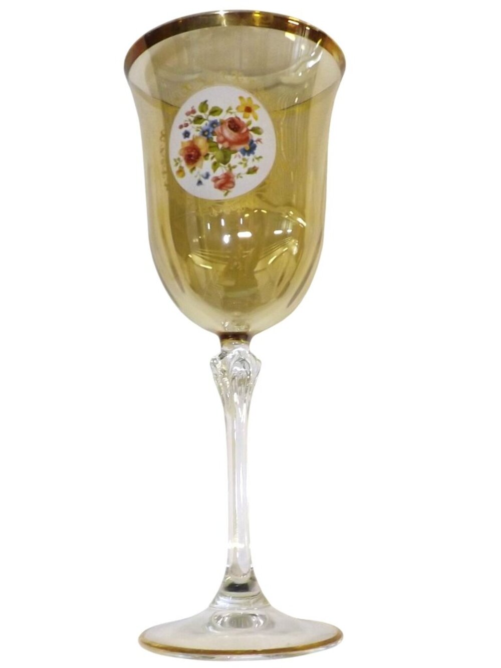 La Reine Italy Gold Iridescent Fancy Pan Crystal Wine Glass Gold Rim Base 8.25"